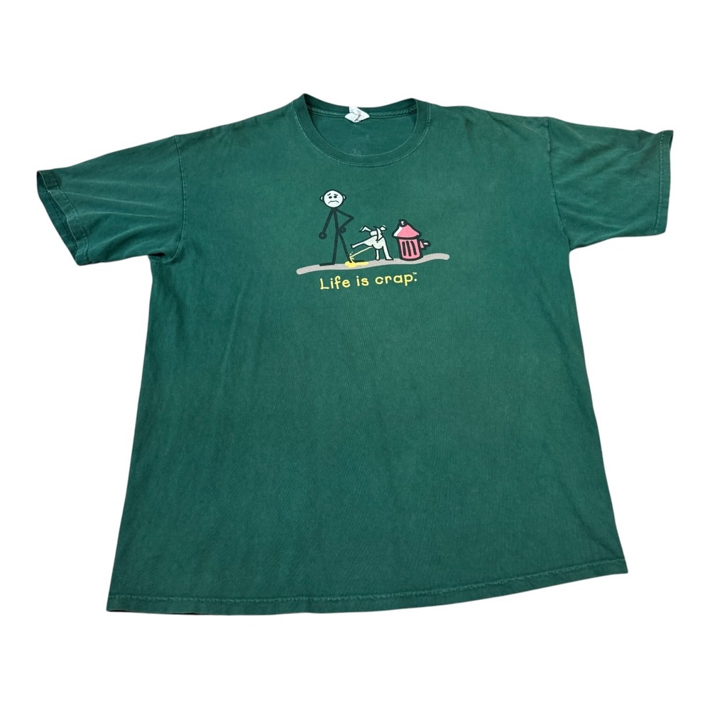Vintage 90s Life Is Crap Dog Pee‎ Comedy Green Shirt Men's XL FLAWS